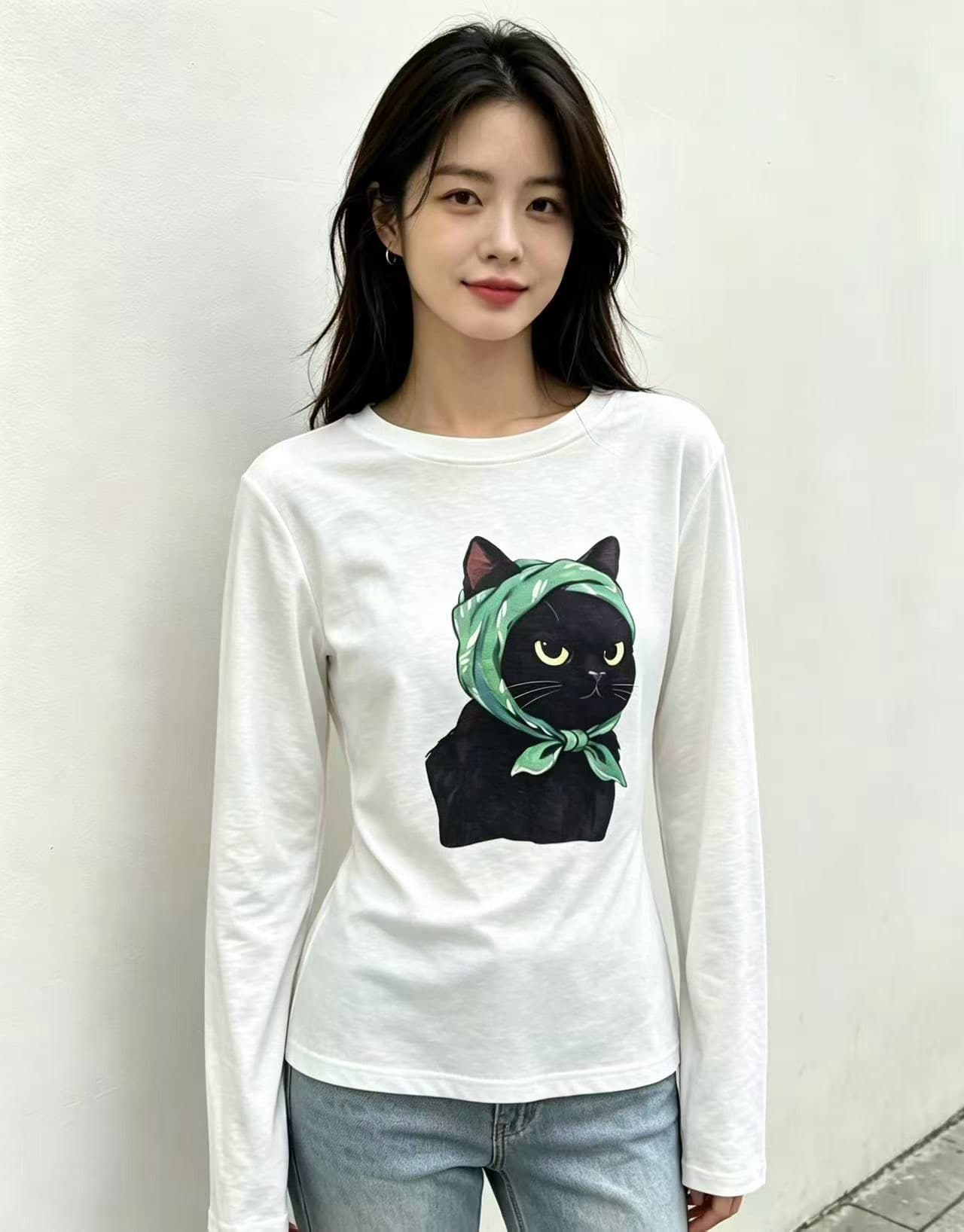 2026 가을 새로운 한국 스타일 패션 유머러스 고양이 프린트 긴팔 티셔츠 여성 루즈핏 느긋한 바람 캐주얼 맨위 상세 이미지 4