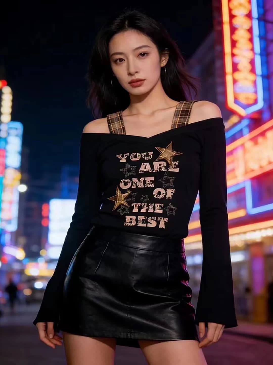 아메리칸 핫걸 알파벳 프린트 오프숄더 긴팔 티셔츠 여성 26 가을 디자인 센스 작은 대중 슬립 페이크 레이어드 맨위 상세 이미지 9