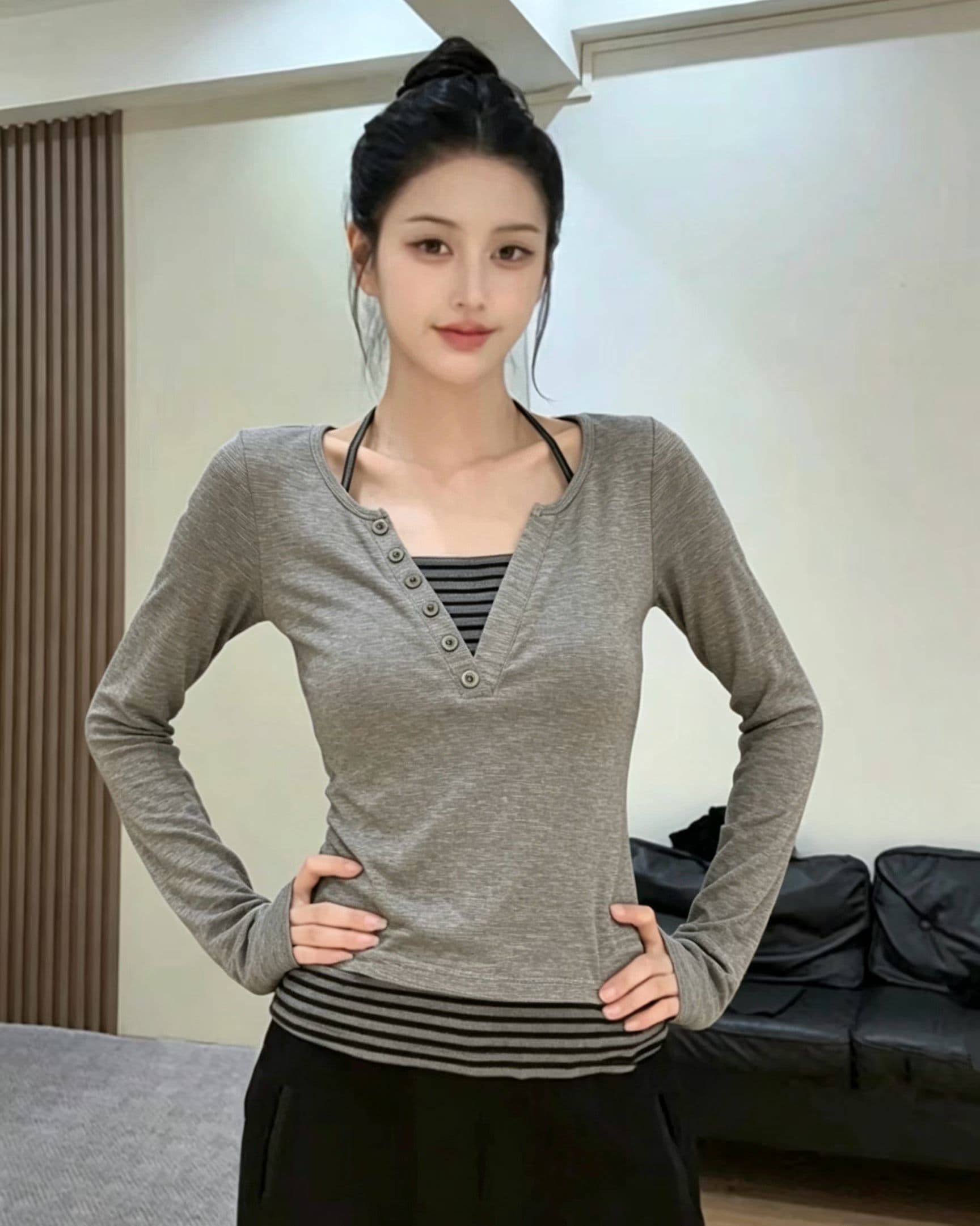 아메리칸 레트로 스트라이프 행침 목 페이크 레이어드 긴팔 티셔츠 여성 봄 가을 새로운 몸매 가꾸기 기본 셔츠 인사이드 잡아라. 의류 트렌디 상세 이미지 3