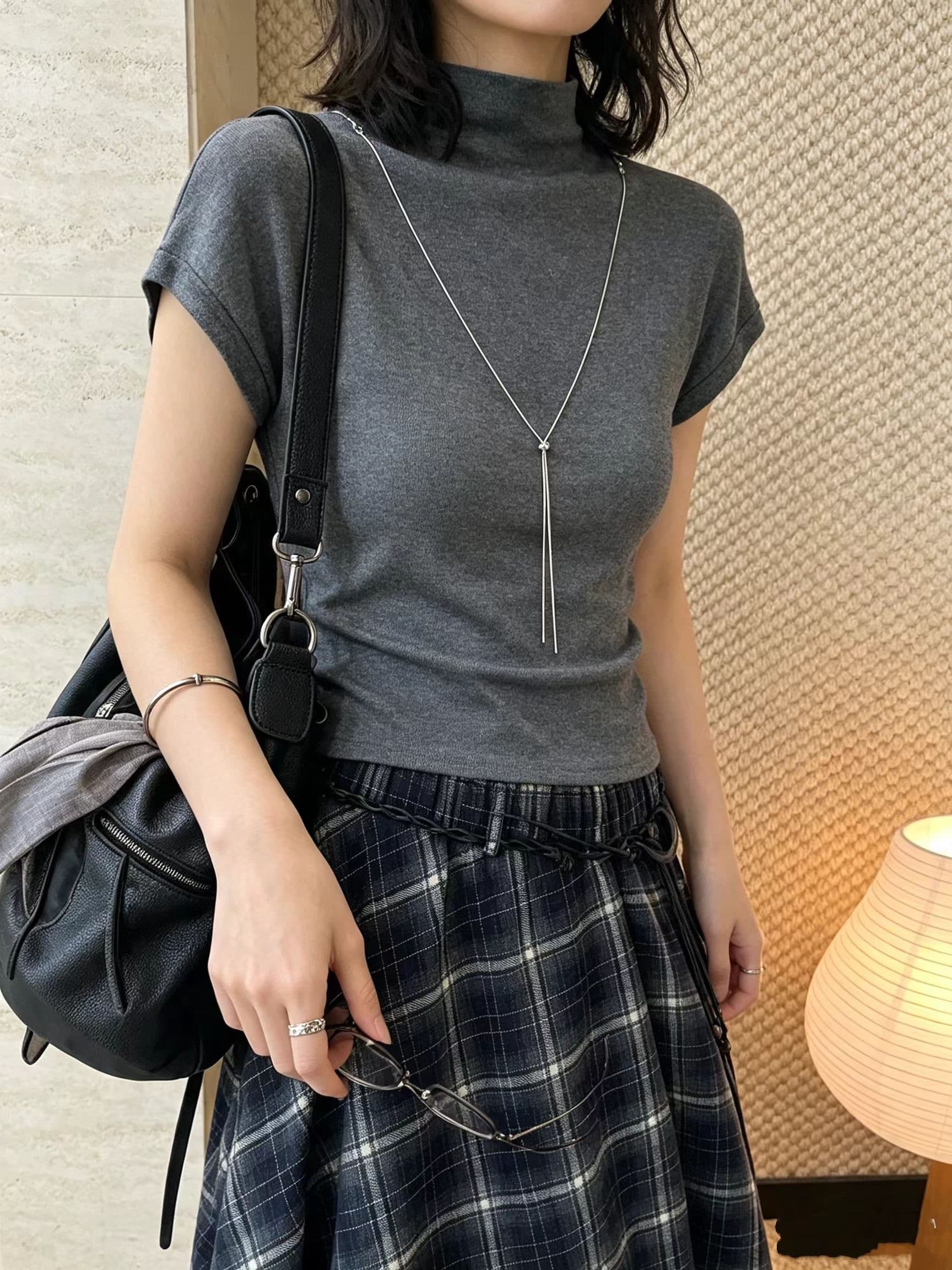 반하이넥 패션 한 부서 순수한 욕망 바람 반팔 티셔츠 여성 몸매 가꾸기 슬림해 보이는 기본 셔츠 인사이드 가져 가라. 학생 맨위 ins 트렌디 상세 이미지 2
