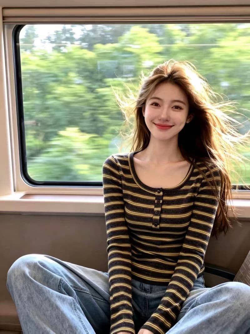 레드 맨 내부에 가져 가라. 기본 셔츠 여성 가을 2026 새로운 긴팔 티셔츠 작은 대중 아니요 명중 섹션 니트 스트라이프 맨위 상세 이미지 1
