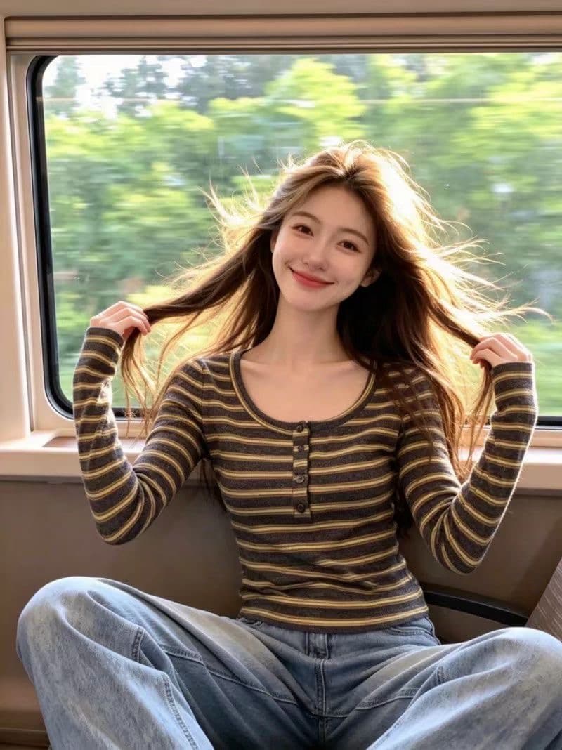 레드 맨 내부에 가져 가라. 기본 셔츠 여성 가을 2026 새로운 긴팔 티셔츠 작은 대중 아니요 명중 섹션 니트 스트라이프 맨위 상세 이미지 3