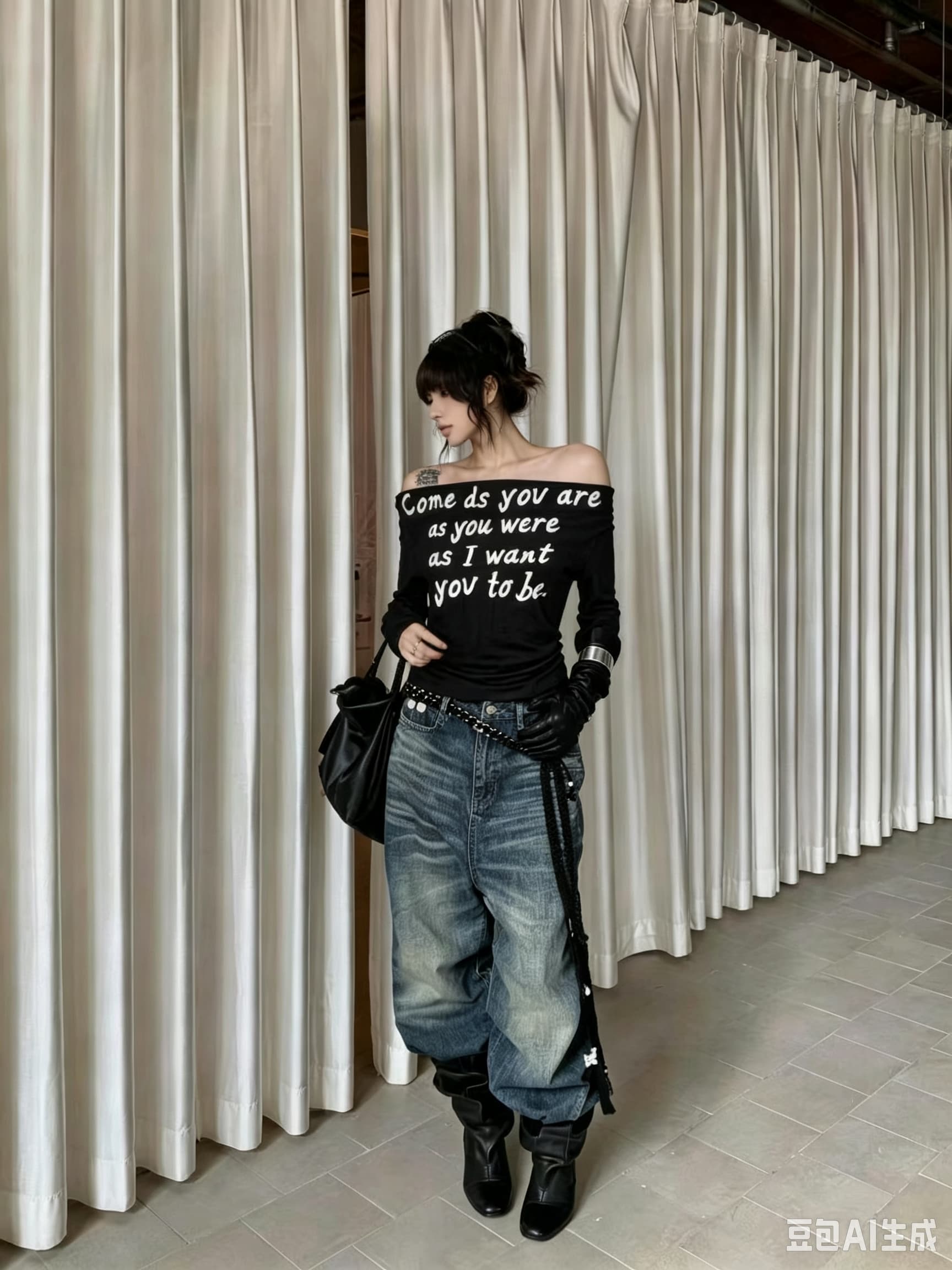 아메리칸 알파벳 프린트 긴팔 티셔츠 여성 조기 가을 측면 펌프 Pleat 몸매 가꾸기 슬림해 보이는 핫걸 오프숄더 만나는 맨위 상세 이미지 4