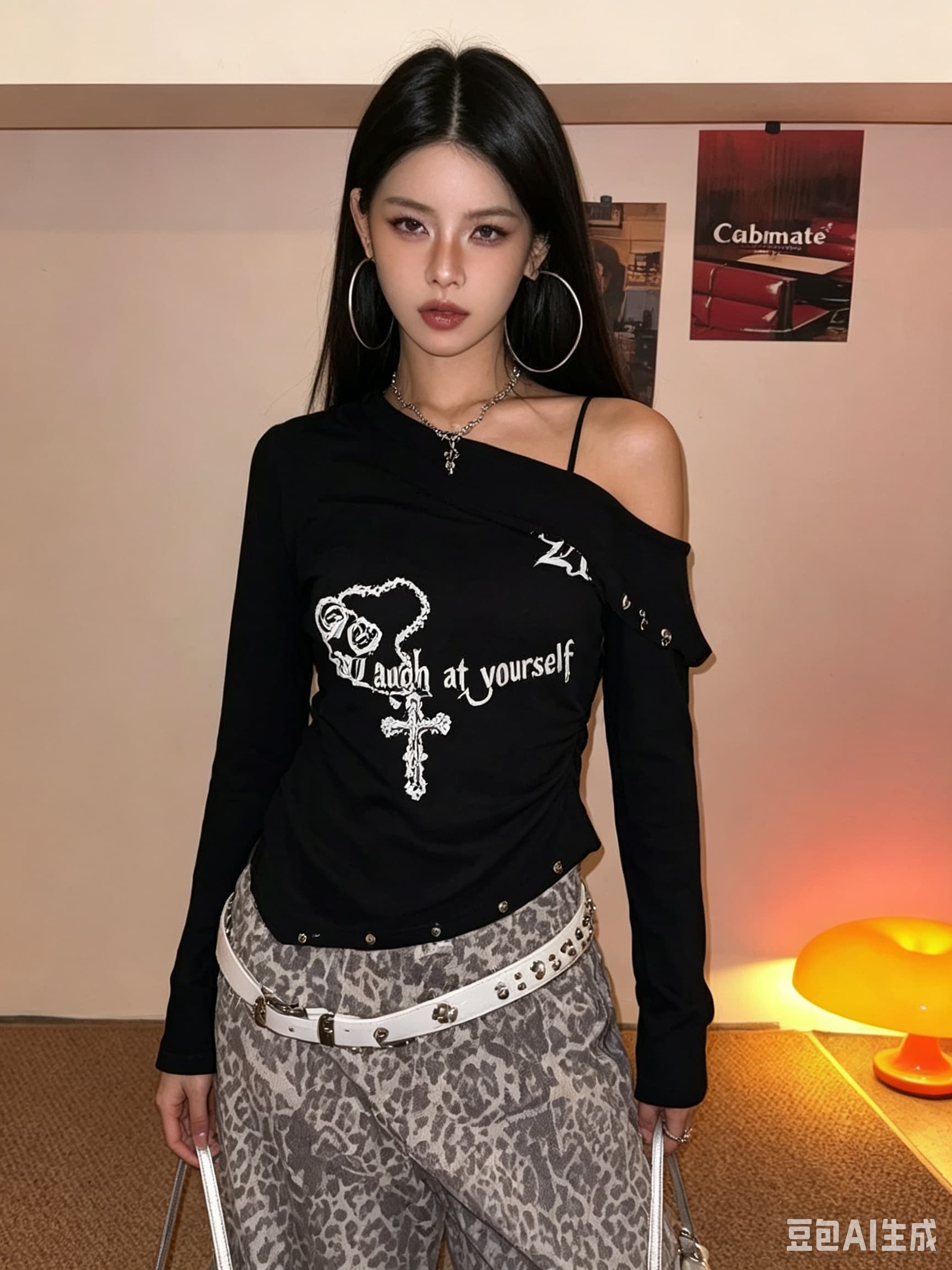 아메리칸 핫걸 십자가 프린트 비스듬한 어깨 긴팔 티셔츠 여성 2026 이른 가을 몸매 가꾸기 징 디자인 센스 맨위 이미지 4