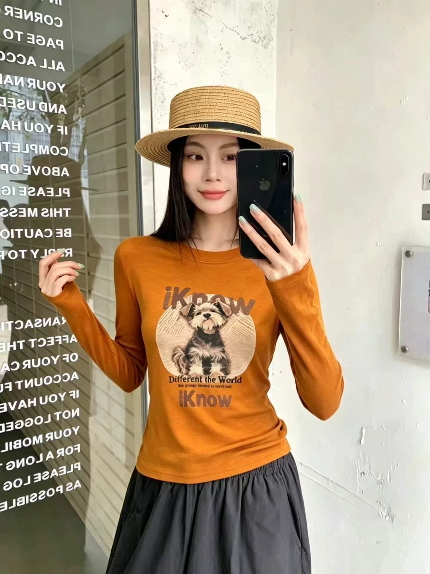 아메리칸 레트로 주황색 색상 강아지 프린트 라운드 넥 반팔 티셔츠 여성 여름 새로운 디자인 센스 작은 대중 긍정적 인 어깨 의류 상세 이미지 3