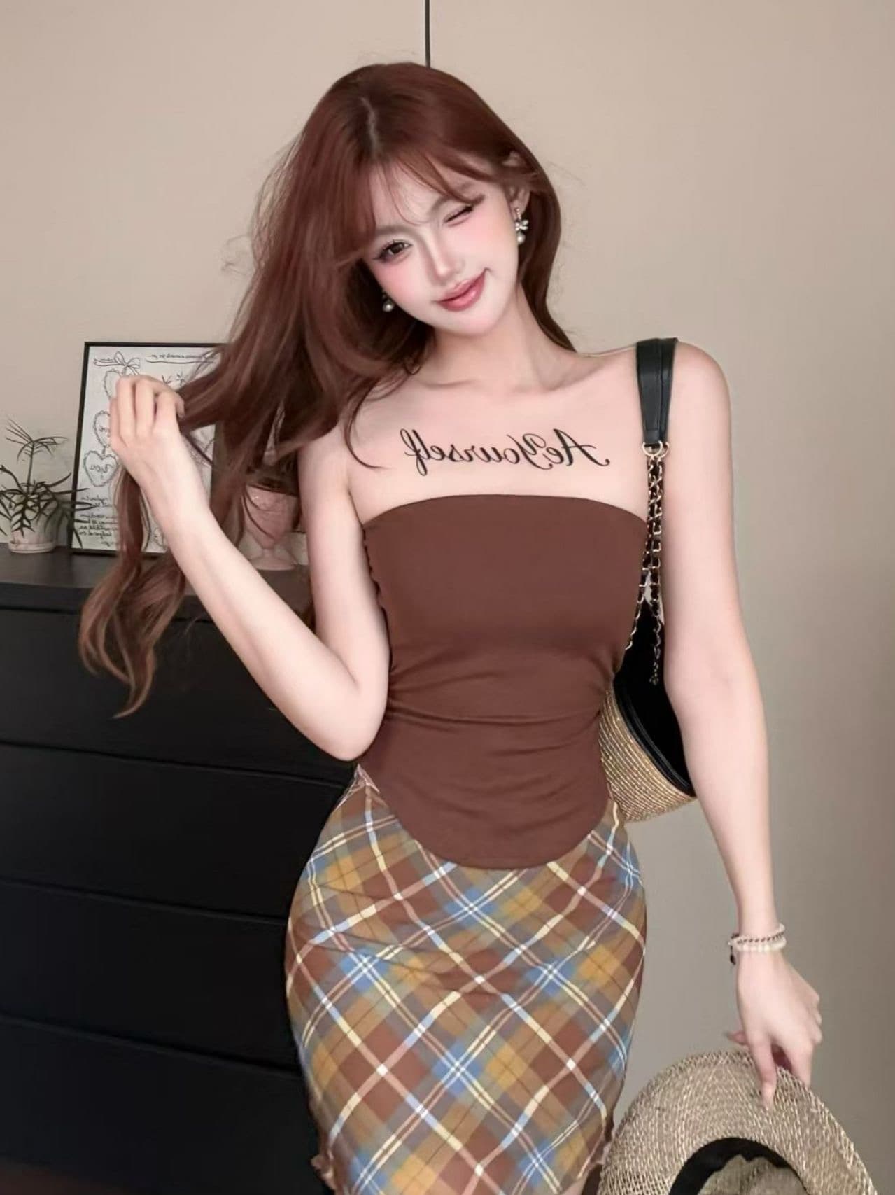 벨트 가슴 패드 망사 시스루 패치워크 알파벳 프린트 캐미솔 몸매 가꾸기 쇼트 스타일 외출용 작은 맨위 상세 이미지 1