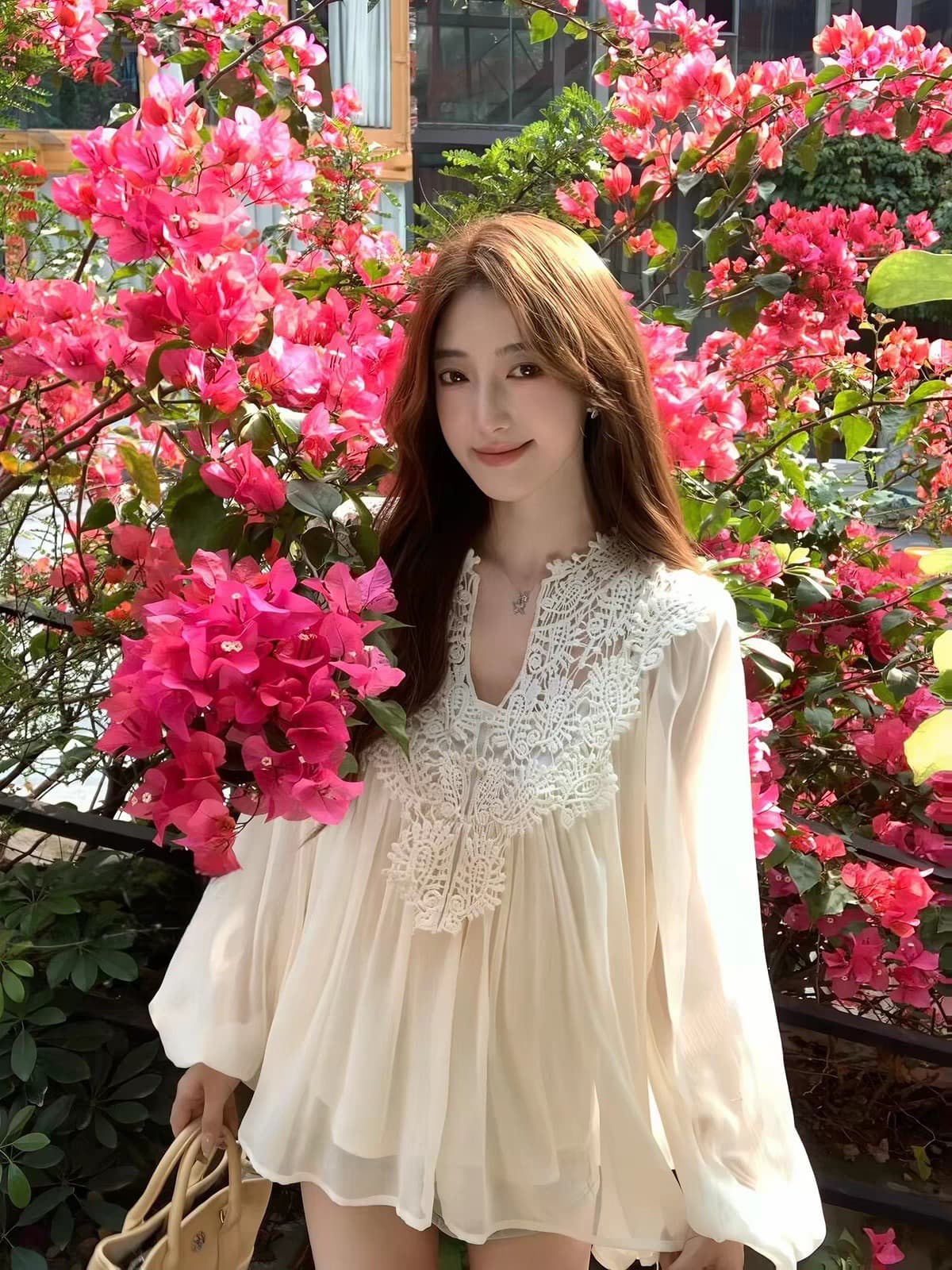 yoli 장 宥 이익 실크 플라워 전복 얕은 살구 색상 V넥 시폰 셔츠 여성 봄 부드러운 바람 루즈핏 다용도 맨위 상세 이미지 4