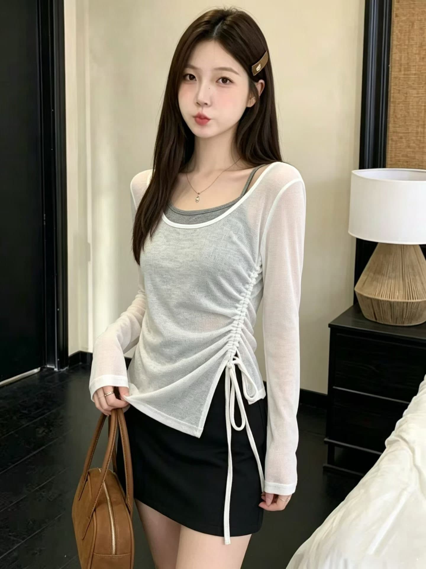 열세 개 한 부서 달콤함 순수한 욕망 바람 몸매 가꾸기 긴팔 티셔츠 여성 배색 디자인 센스 페이크 레이어드 펌프 로프 맨위 이미지 3