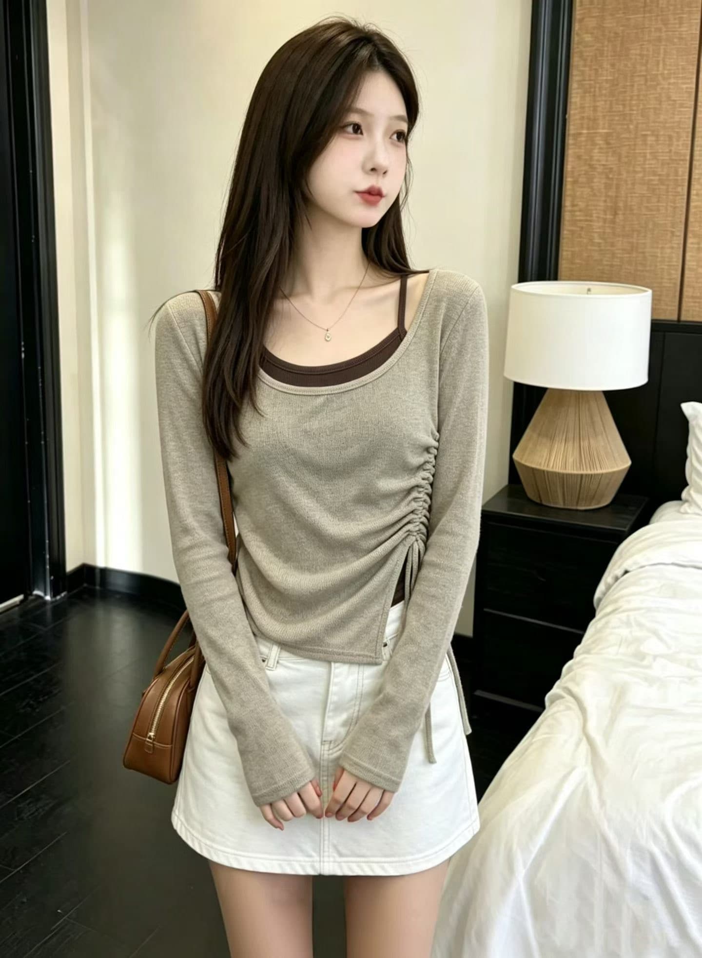 열세 개 한 부서 달콤함 순수한 욕망 바람 몸매 가꾸기 긴팔 티셔츠 여성 배색 디자인 센스 페이크 레이어드 펌프 로프 맨위 이미지 2