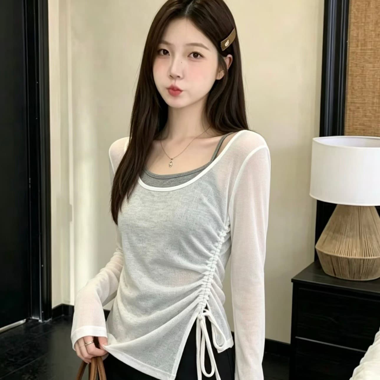 열세 개 한 부서 달콤함 순수한 욕망 바람 몸매 가꾸기 긴팔 티셔츠 여성 배색 디자인 센스 페이크 레이어드 펌프 로프 맨위 이미지 5