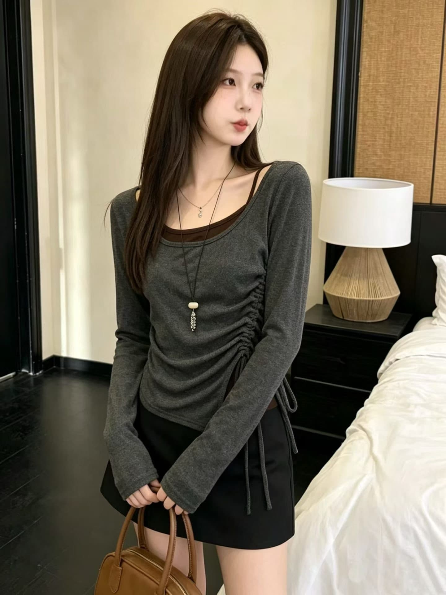 열세 개 한 부서 달콤함 순수한 욕망 바람 몸매 가꾸기 긴팔 티셔츠 여성 배색 디자인 센스 페이크 레이어드 펌프 로프 맨위 상세 이미지 3