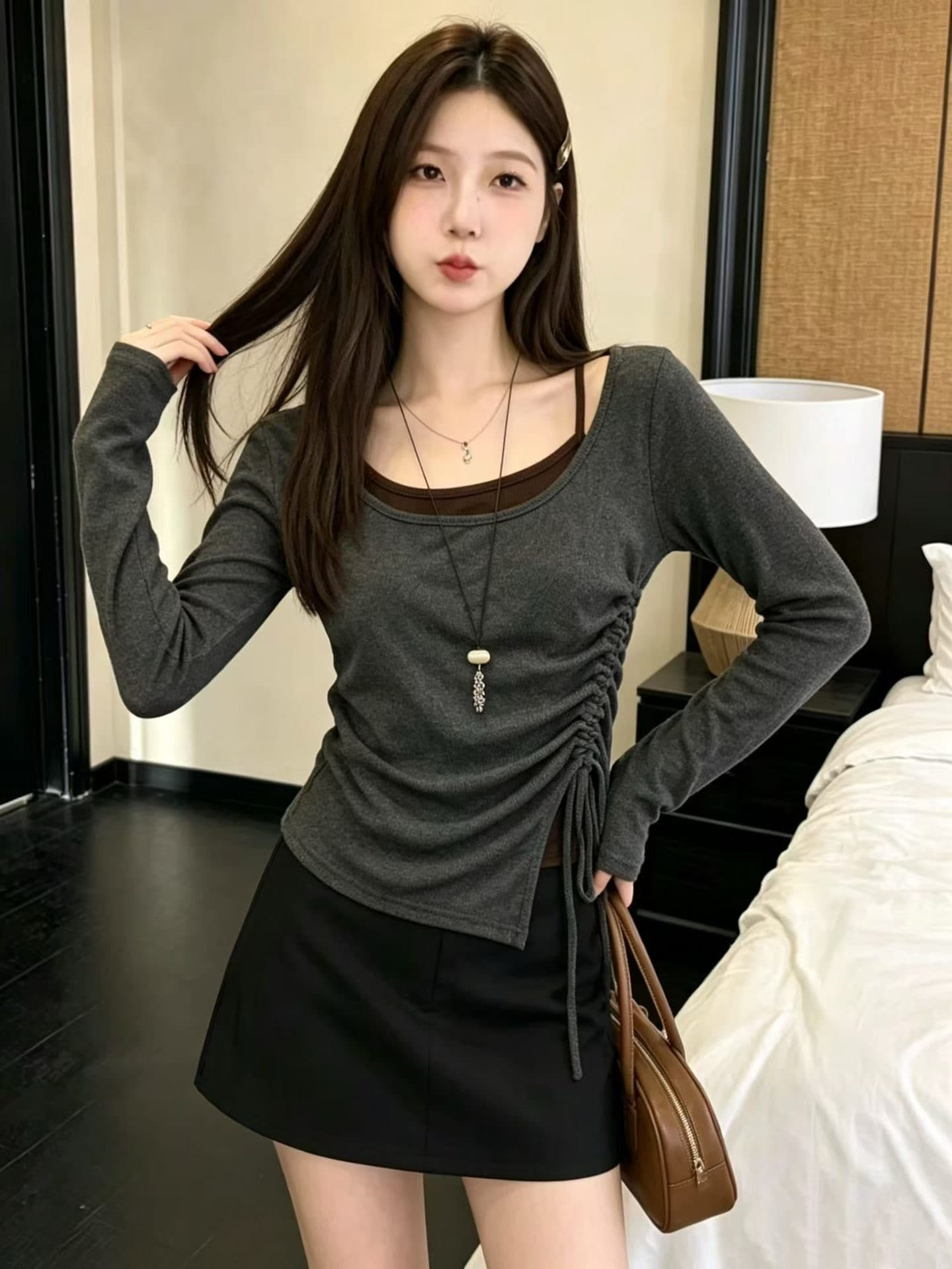 열세 개 한 부서 달콤함 순수한 욕망 바람 몸매 가꾸기 긴팔 티셔츠 여성 배색 디자인 센스 페이크 레이어드 펌프 로프 맨위 상세 이미지 4