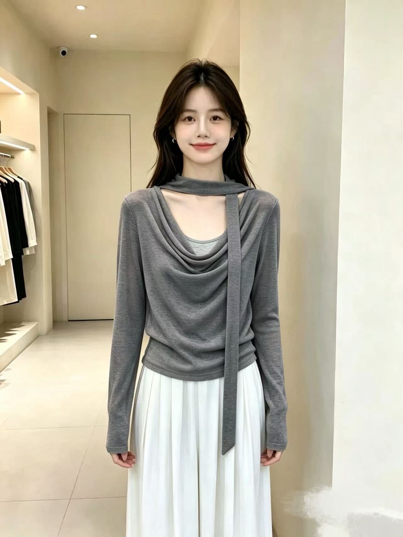 페이크 레이어드 오프숄더 흔들다 칼라 니트 스웨터 여성 2026 봄 새로운 몸매 가꾸기 슬림해 보이는 기본 셔츠 맨위 상세 이미지 2