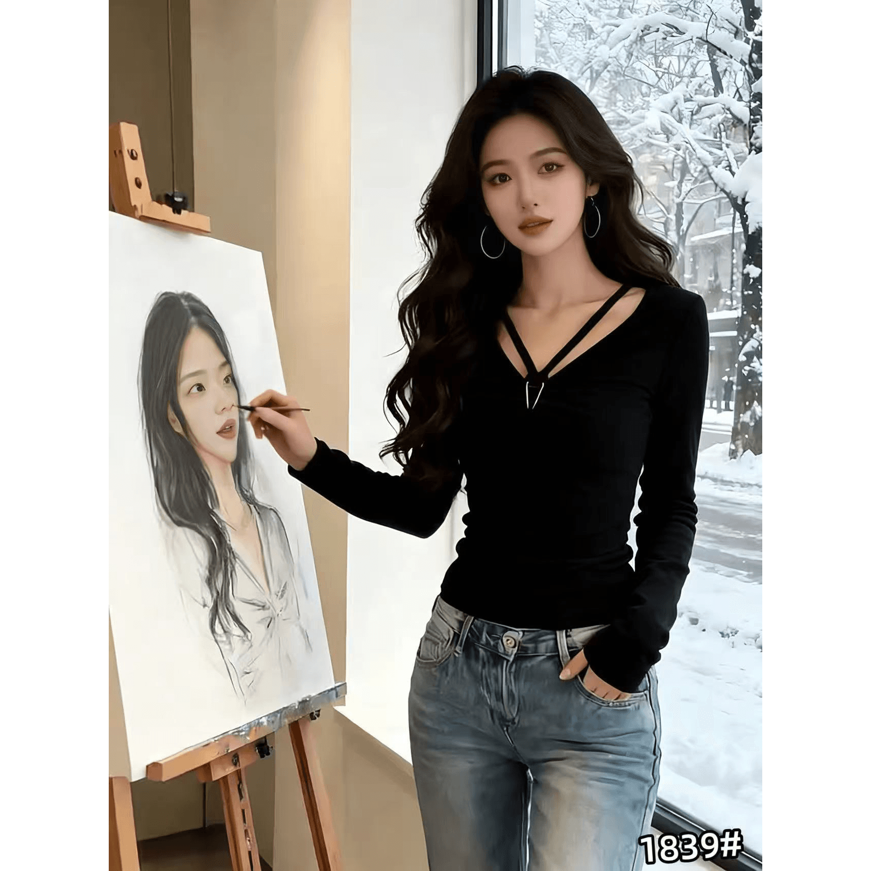 섹시함 V넥 외국 가스 긍정적 인 어깨 긴팔 티셔츠 여성 의류 2026 가을 새로운 아름다운 자이언트 잘 생긴 ~ 중 기본 셔츠 맨위 이미지 5