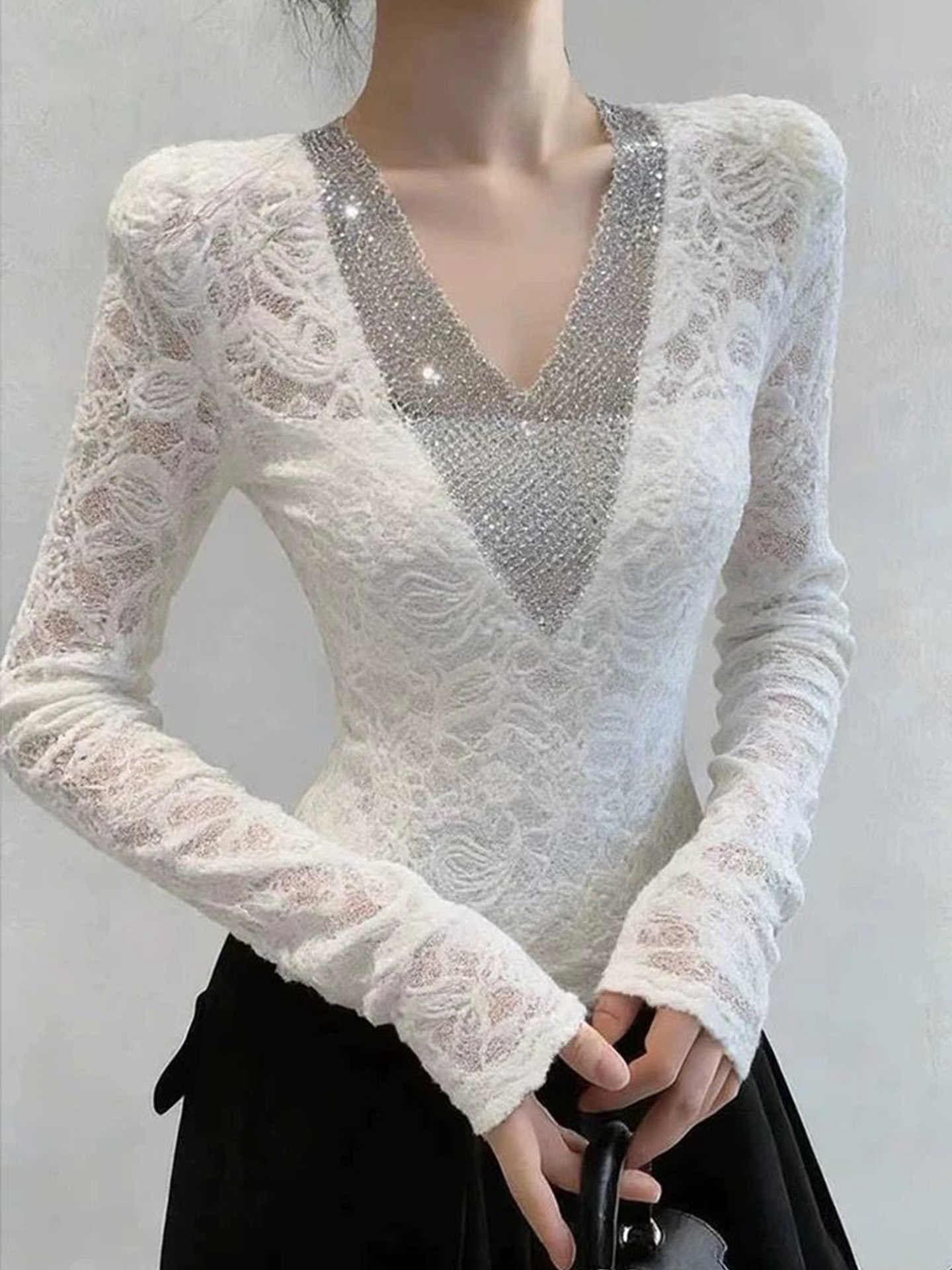 가을 겨울 달콤한 핫걸 몸매 가꾸기 홀로우 아웃 핫픽스 V넥 레이스 기본 셔츠 여성 인사이드 가져 가라. 자이언트 잘 생긴 슬림해 보이는 화이트 맨위 이미지 2