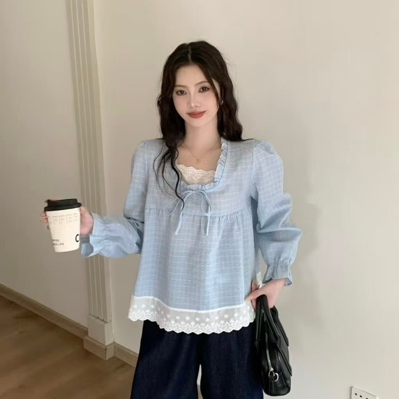 페이크 레이어드 레이스 측면 패치워크 체크무늬 긴팔 여성 셔츠 2026 봄 가을 새로운 표지 배 달콤함 연령 감소 맨위 이미지 5