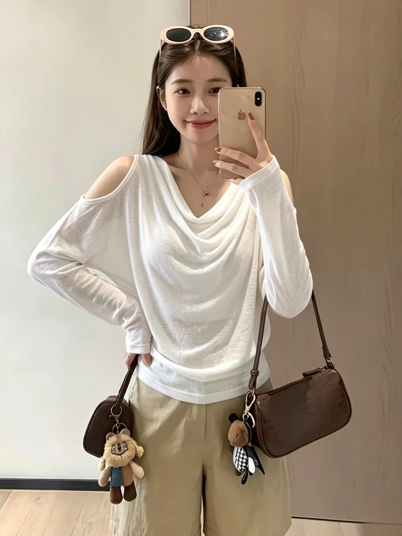 한국 스타일 여름 새로운 작은 대중 미니멀리즘 품격 긴팔 티셔츠 패션 다용도 오프숄더 프로 피부 통기성 맨위 여성 상세 이미지 2