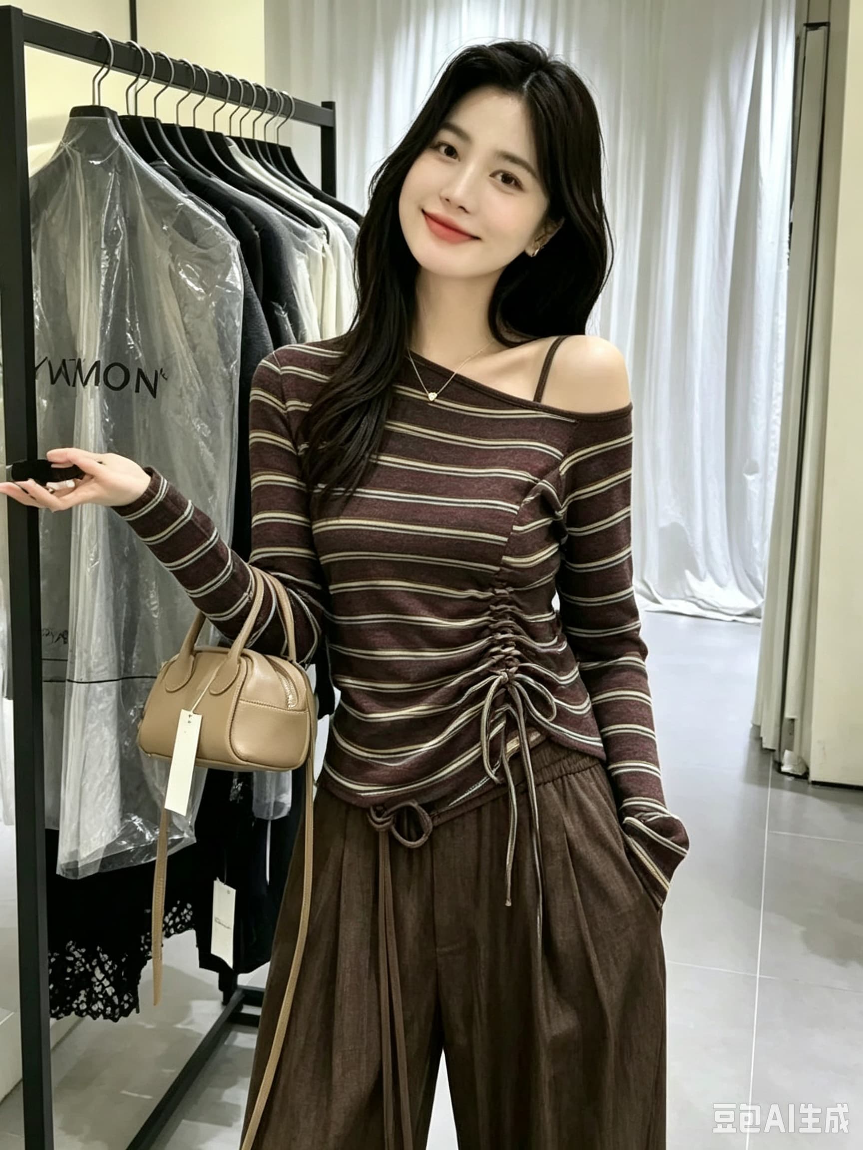 레트로 황색 커피 스트라이프 비스듬한 어깨 새는 어깨 스트랩 긴팔 티셔츠 여성 가을 새로운 작은 대중 디자인 센스 연령 감소 맨위 상세 이미지 4