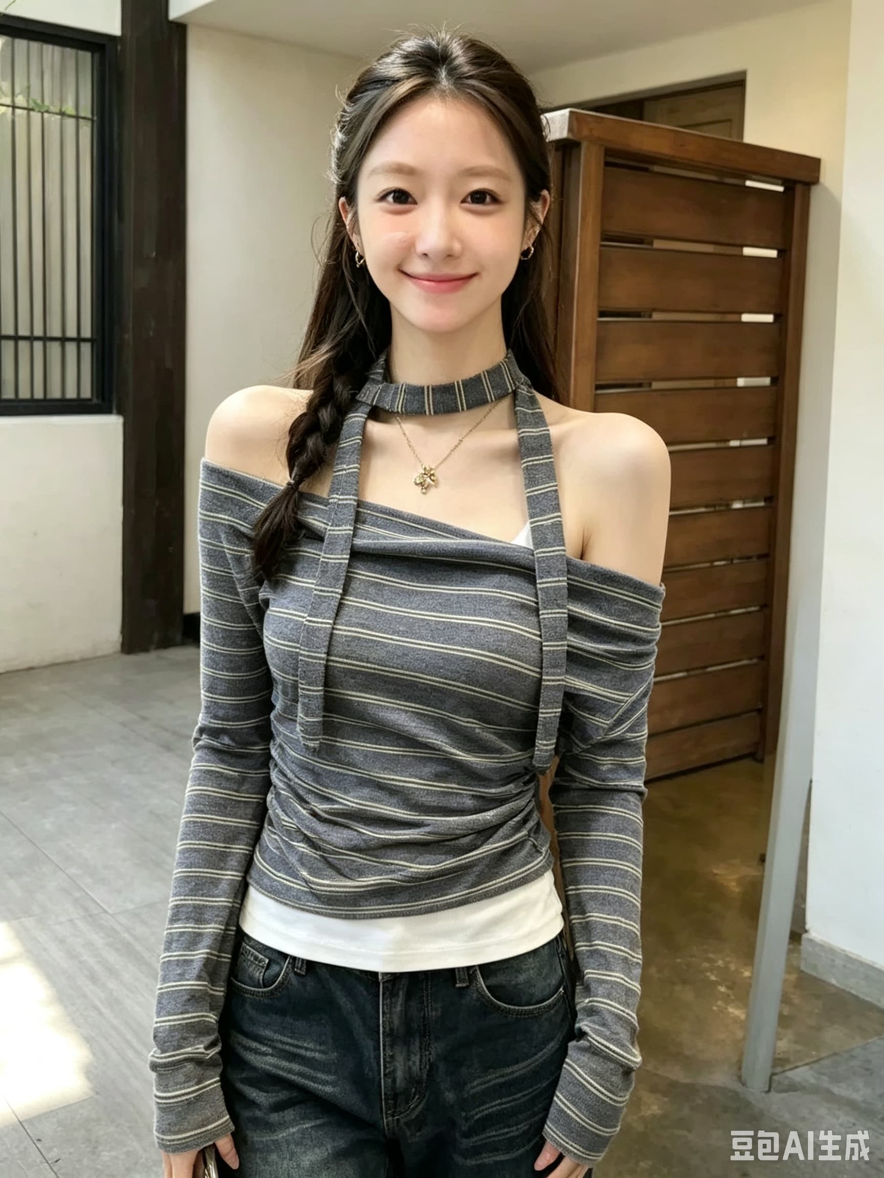 레트로 배색 스트라이프 비스듬한 어깨 리본 긴팔 티셔츠 여성 2026 가을 새로운 몸매 가꾸기 오프숄더 외국 가스 맨위 트렌디 상세 이미지 2