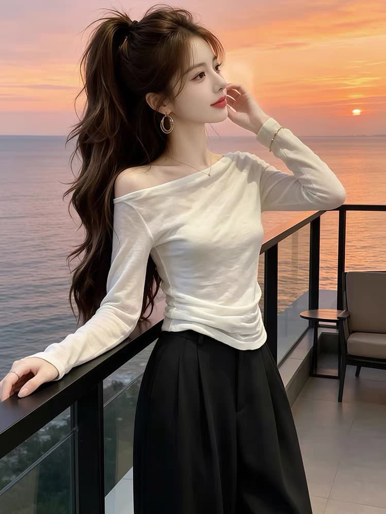 올해 인기 ~ 중 폭발 여성 의류 이른 가을 2026 새로운 비스듬한 칼라 긴팔 티셔츠 여성 오프숄더 다용도 슬림해 보이는 맨위 이미지 2