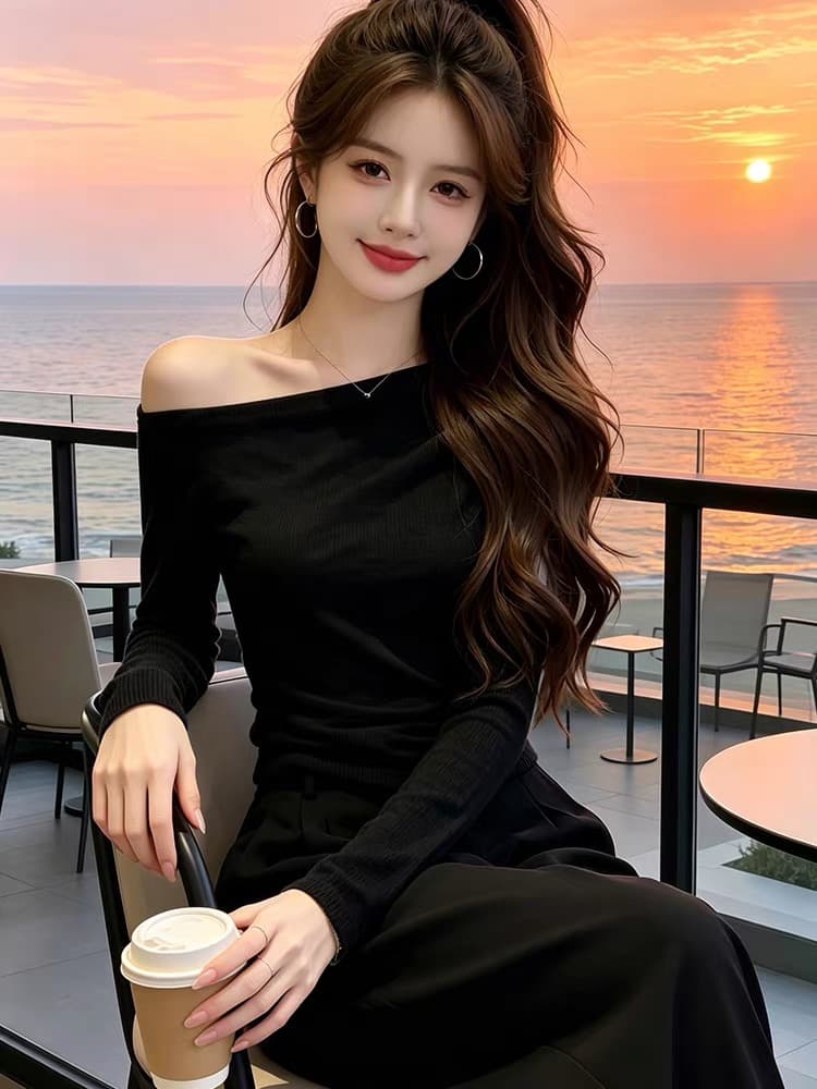 올해 인기 ~ 중 폭발 여성 의류 이른 가을 2026 새로운 비스듬한 칼라 긴팔 티셔츠 여성 오프숄더 다용도 슬림해 보이는 맨위 이미지 3