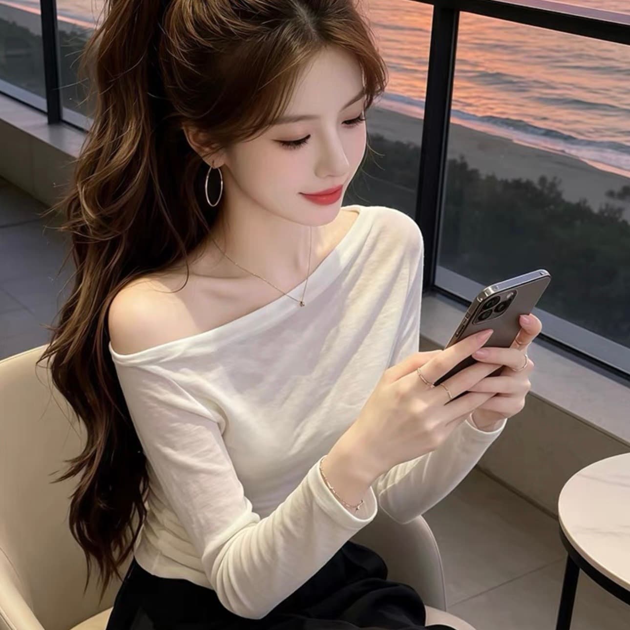 올해 인기 ~ 중 폭발 여성 의류 이른 가을 2026 새로운 비스듬한 칼라 긴팔 티셔츠 여성 오프숄더 다용도 슬림해 보이는 맨위 상세 이미지 1
