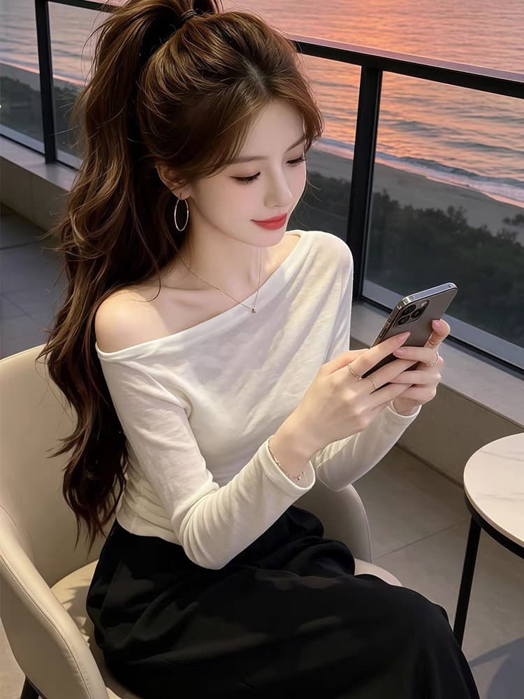 올해 인기 ~ 중 폭발 여성 의류 이른 가을 2026 새로운 비스듬한 칼라 긴팔 티셔츠 여성 오프숄더 다용도 슬림해 보이는 맨위 상세 이미지 4