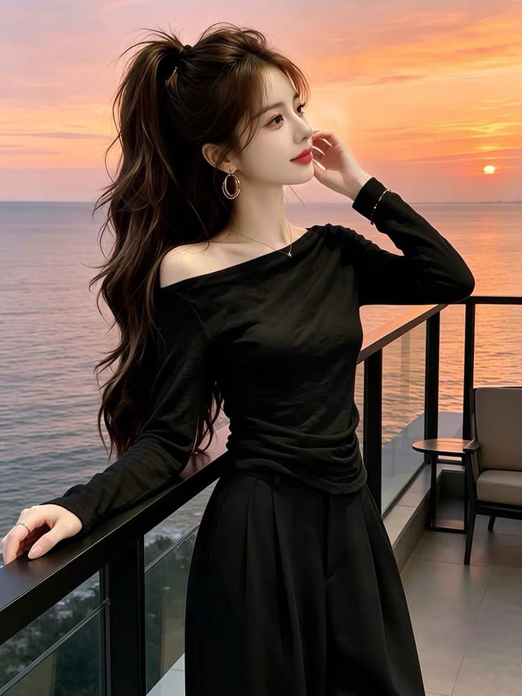 올해 인기 ~ 중 폭발 여성 의류 이른 가을 2026 새로운 비스듬한 칼라 긴팔 티셔츠 여성 오프숄더 다용도 슬림해 보이는 맨위 상세 이미지 5