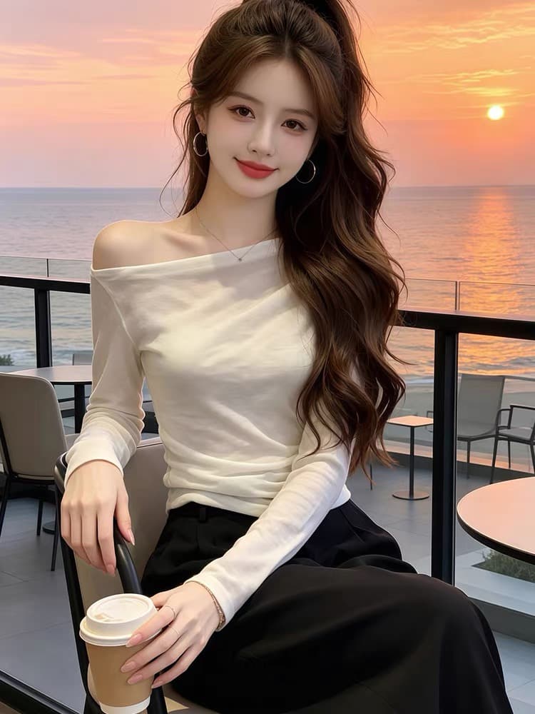 올해 인기 ~ 중 폭발 여성 의류 이른 가을 2026 새로운 비스듬한 칼라 긴팔 티셔츠 여성 오프숄더 다용도 슬림해 보이는 맨위 상세 이미지 6
