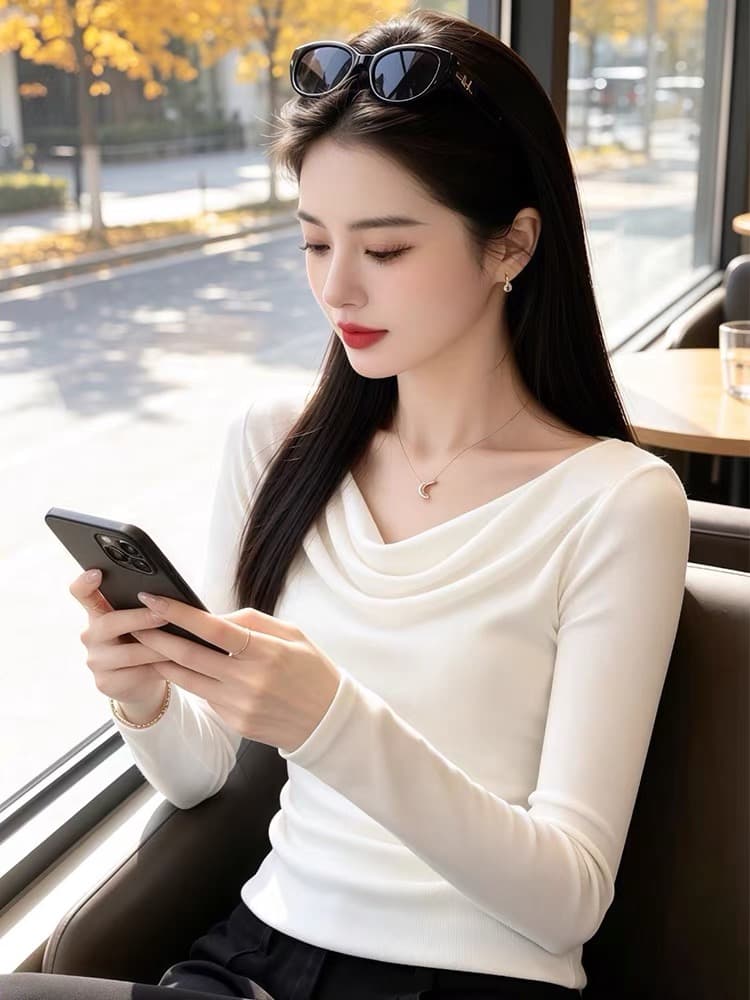 올해 인기 ~ 중 폭발 여성 의류 가을 2026 새로운 빛 요리 한 미니멀리즘 바람 흔들다 칼라 긴팔 티셔츠 쇼트 스타일 맨위 상세 이미지 1
