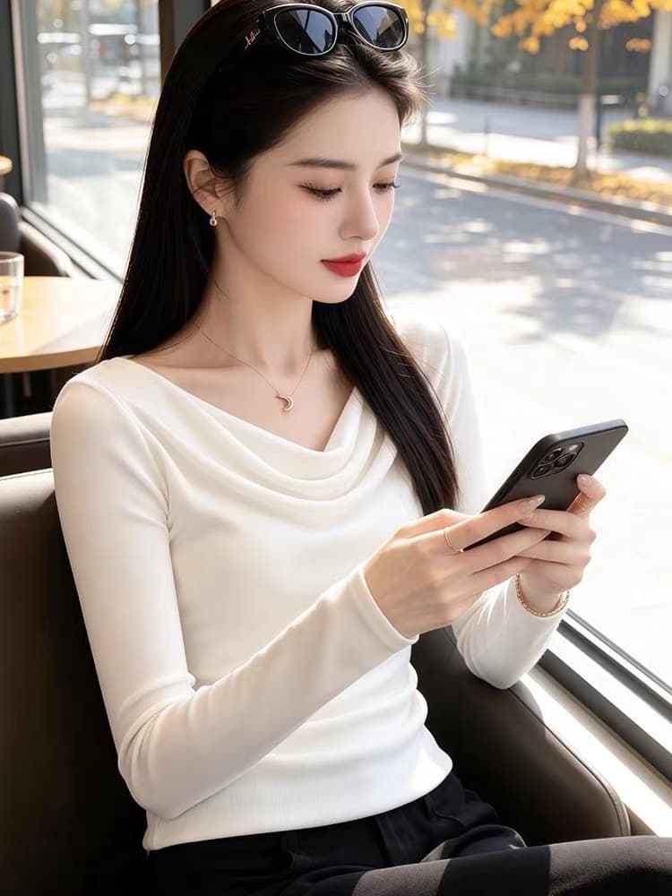 올해 인기 ~ 중 폭발 여성 의류 가을 2026 새로운 빛 요리 한 미니멀리즘 바람 흔들다 칼라 긴팔 티셔츠 쇼트 스타일 맨위 상세 이미지 3