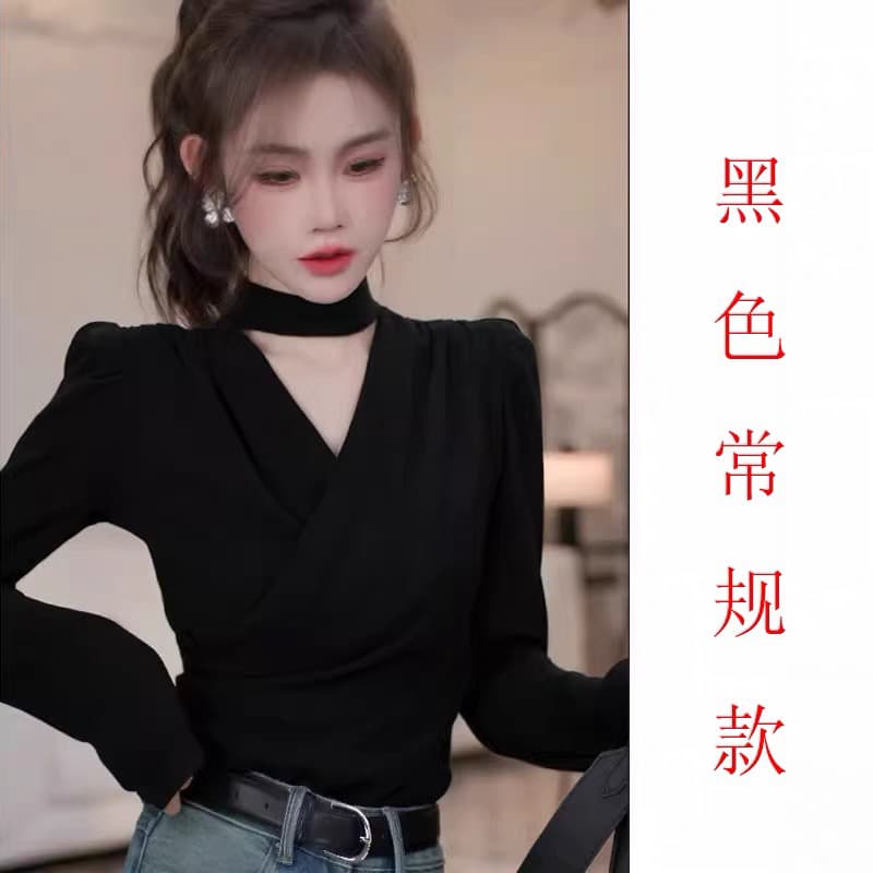 십자가 V넥 행침 목 긴팔 티셔츠 여성 2026 봄 가을 새로운 유럽 상품 패션 검정색 몸매 가꾸기 허리 수축 섹시함 맨위 상세 이미지 1
