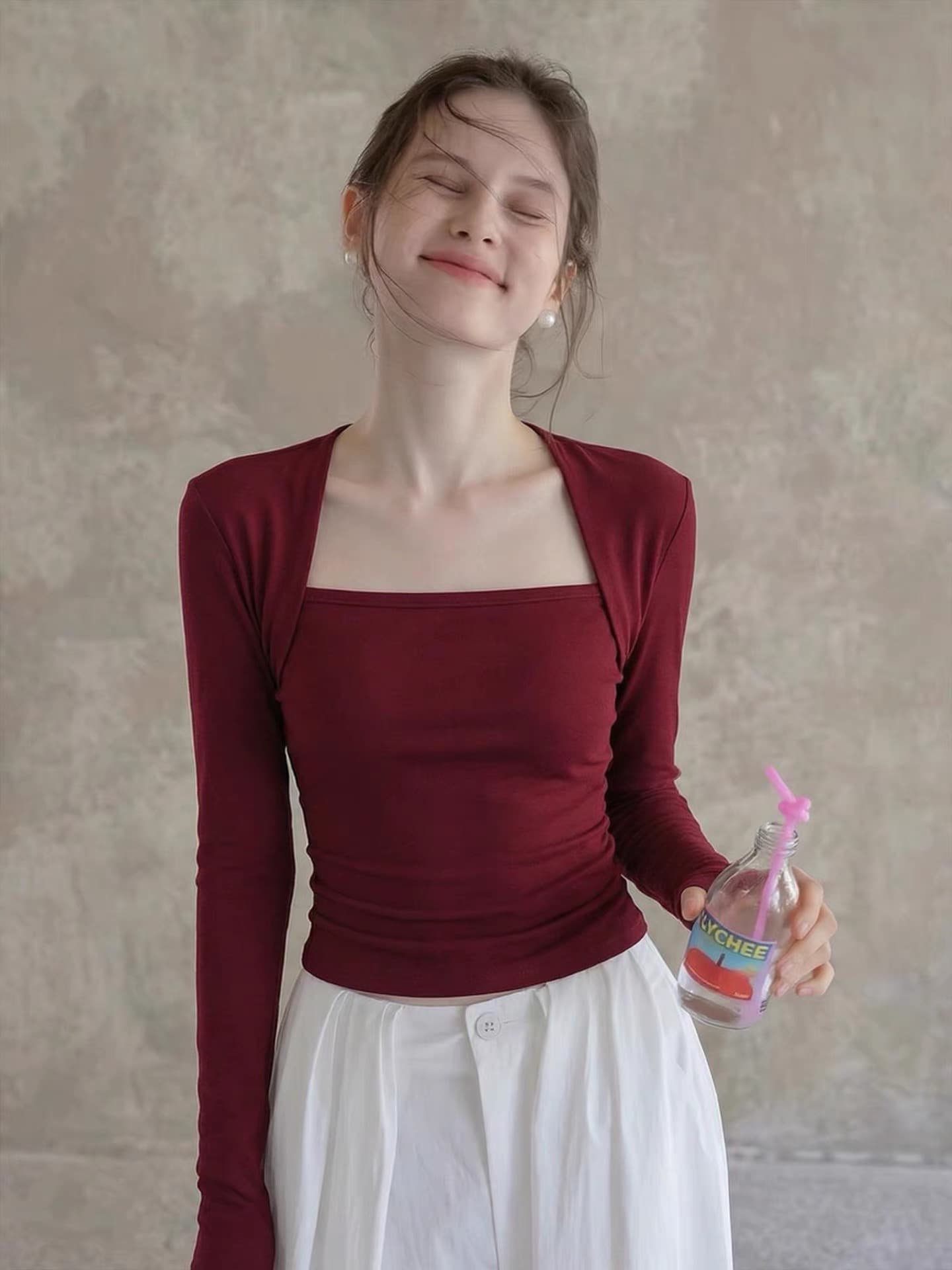 레트로 항구 바람 빨간색 광장 칼라 긴팔 티셔츠 여성 가을 고급 센스 몸매 가꾸기 슬림해 보이는 인사이드 가져 가라. 고유 한 아름다운 맨위 상세 이미지 4