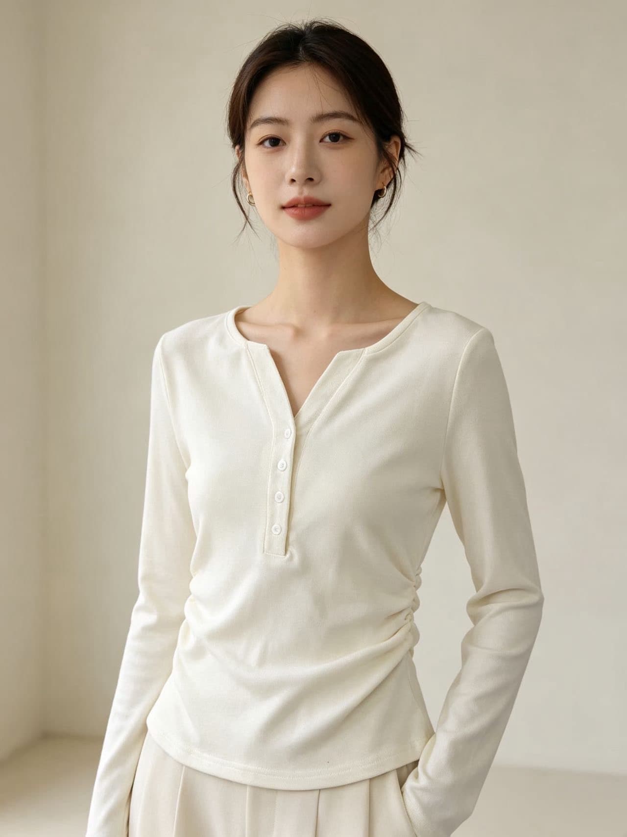 캐주얼 하프 단추 V넥 긴팔 티셔츠 여성 봄 가을 2026 새로운 허리 수축 슬림해 보이는 인사이드 가져 가라. 기본 셔츠 섹시함 맨위