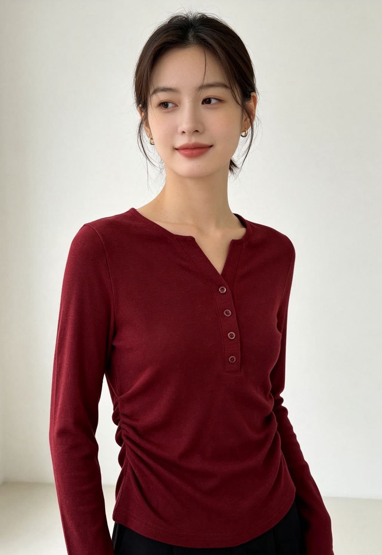 캐주얼 하프 단추 V넥 긴팔 티셔츠 여성 봄 가을 2026 새로운 허리 수축 슬림해 보이는 인사이드 가져 가라. 기본 셔츠 섹시함 맨위 상세 이미지 4