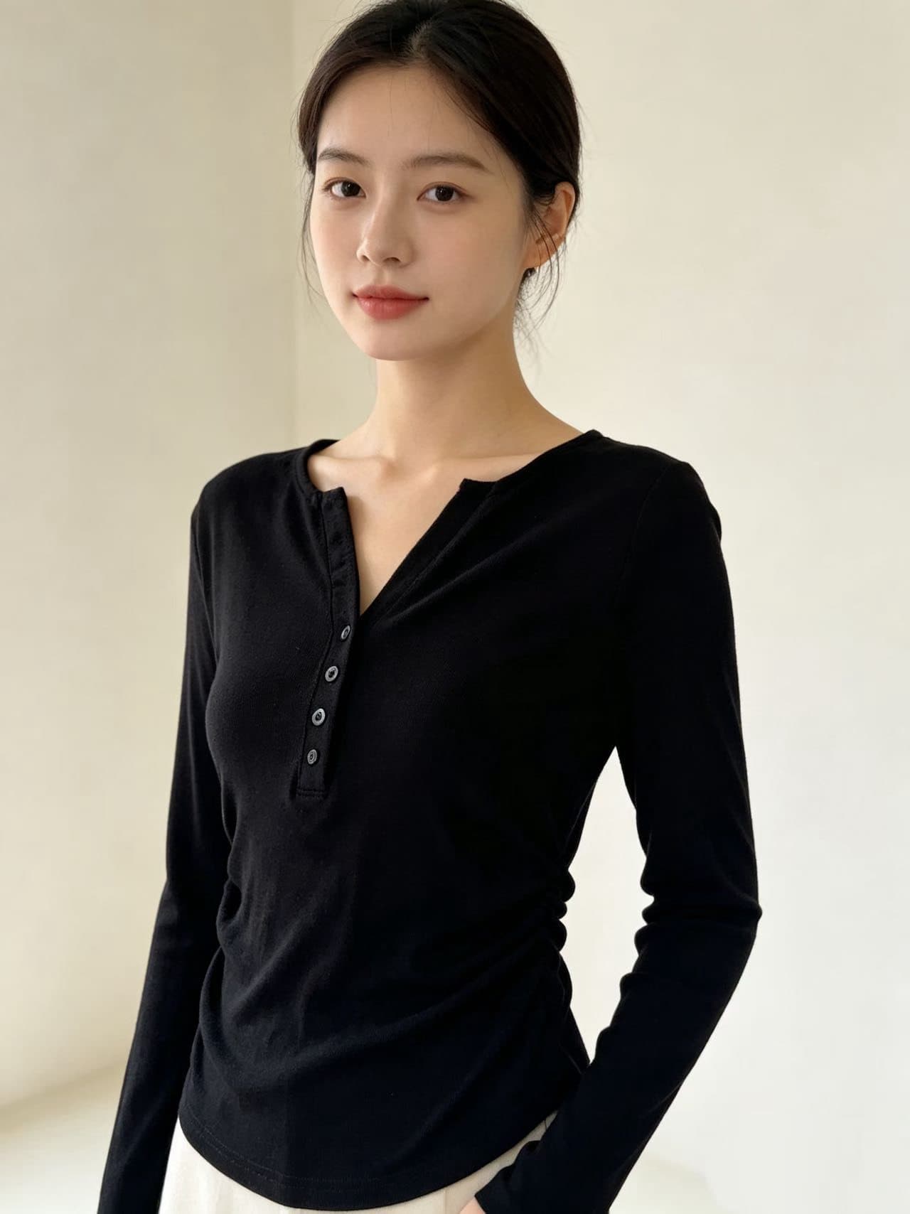 캐주얼 하프 단추 V넥 긴팔 티셔츠 여성 봄 가을 2026 새로운 허리 수축 슬림해 보이는 인사이드 가져 가라. 기본 셔츠 섹시함 맨위 상세 이미지 6