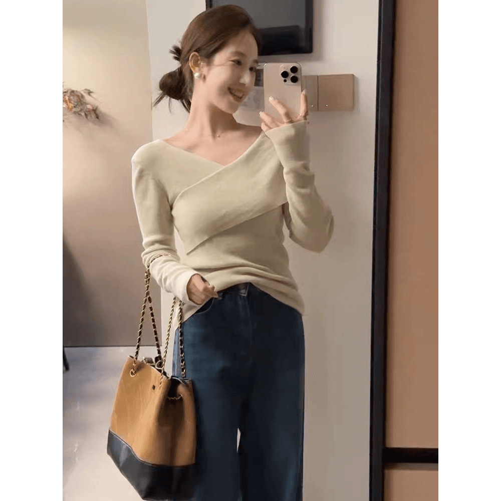 한 부서 디자인 센스 십자가 V넥 니트 스웨터 여성 봄 가을 불규칙 몸매 가꾸기 인사이드 가져 가라. 기본 셔츠 쇼트 스타일 맨위 이미지 5
