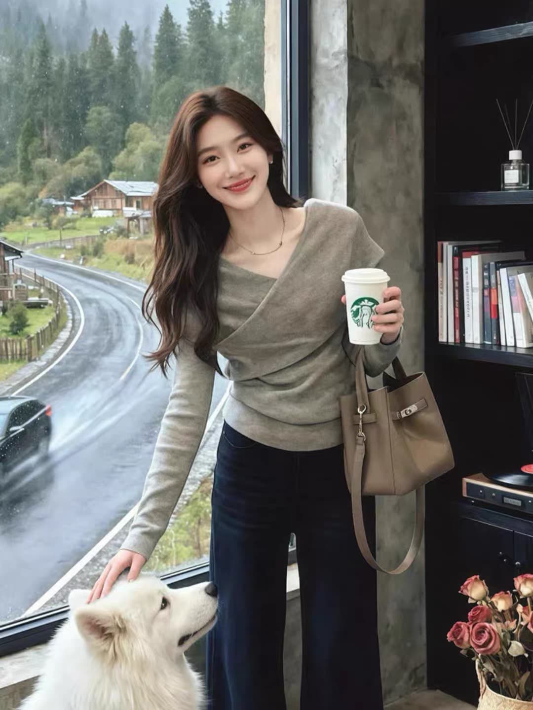 한 부서 디자인 센스 십자가 V넥 니트 스웨터 여성 봄 가을 불규칙 몸매 가꾸기 인사이드 가져 가라. 기본 셔츠 쇼트 스타일 맨위 상세 이미지 3