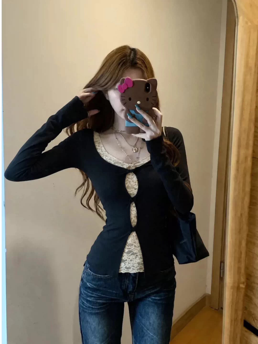 순수한 욕망 바람 레이스 조각 페이크 레이어드 긴팔 티셔츠 여성 검정색 몸매 가꾸기 슬림해 보이는 섹시함 핫걸 다용도 맨위