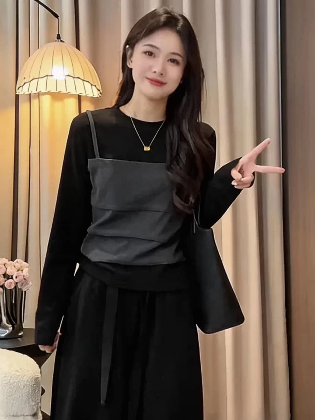 한 부서 ins 패션 페이크 레이어드 디자인 긴팔 티셔츠 여성 라운드 넥 다용도 배색 슬림해 보이는 연령 감소 디자인 센스 맨위 상세 이미지 5