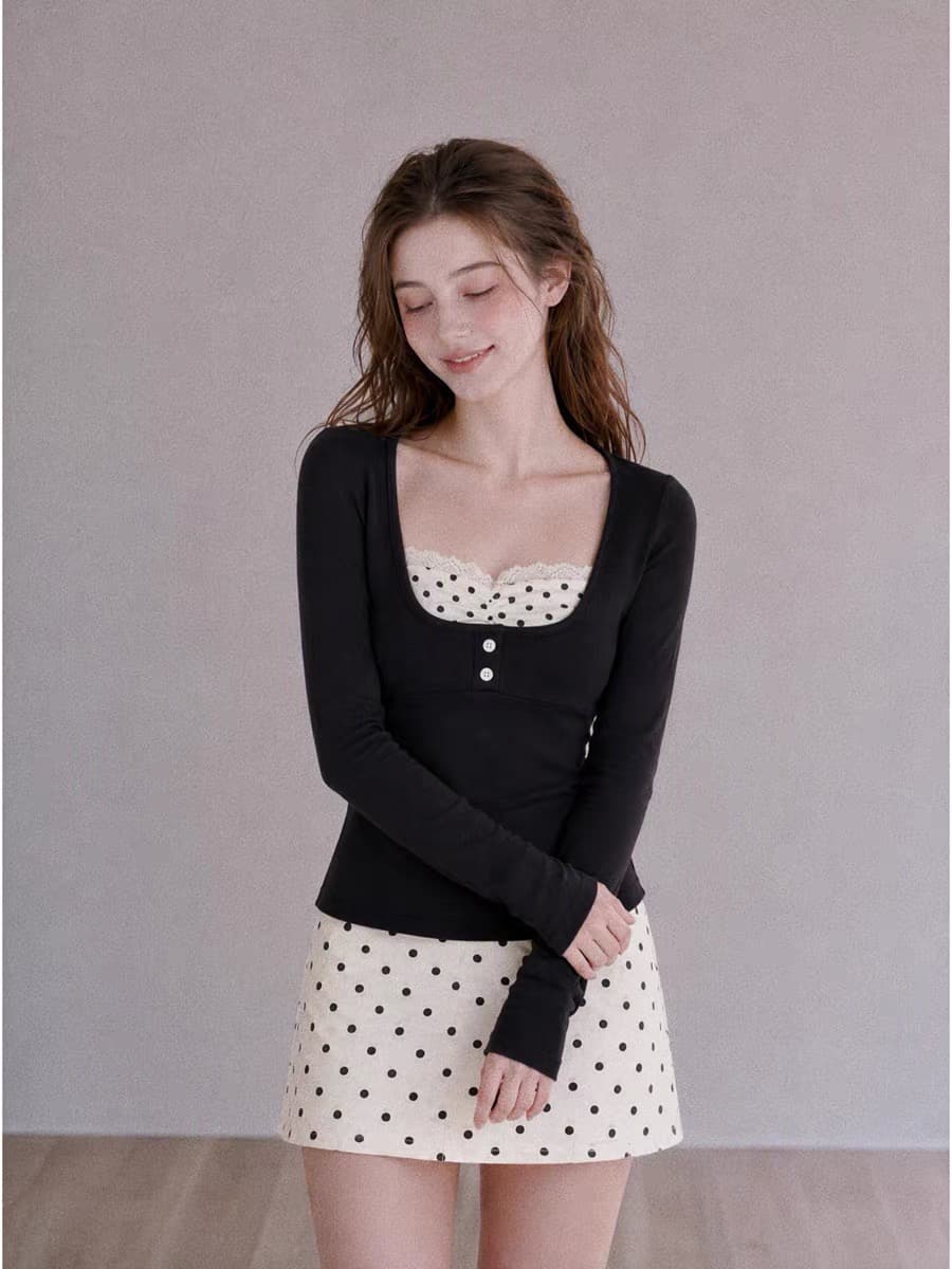 한 부서 가을 검정색 페이크 레이어드 도트 무늬 패치워크 티셔츠 여성 소녀 센스 몸매 가꾸기 슬림해 보이는 배색 기본 셔츠 맨위 상세 이미지 7