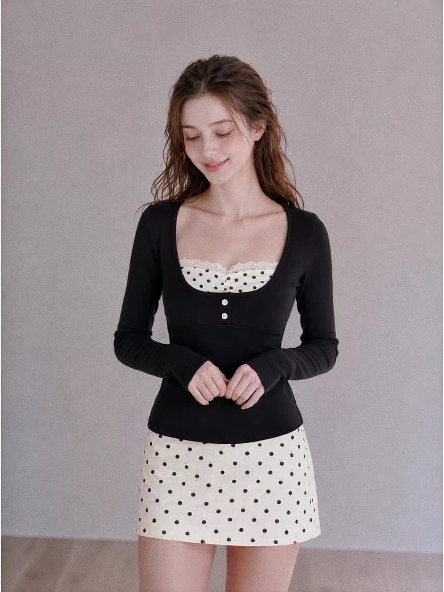 한 부서 가을 검정색 페이크 레이어드 도트 무늬 패치워크 티셔츠 여성 소녀 센스 몸매 가꾸기 슬림해 보이는 배색 기본 셔츠 맨위 상세 이미지 9