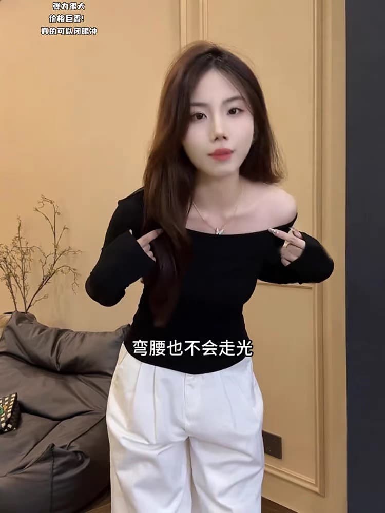 순수한 욕망 핫걸 몸매 가꾸기 슬림해 보이는 오프숄더 긴팔 티셔츠 여성 봄 가을 새로운 디자인 센스 비스듬한 어깨 기본 셔츠 맨위 상세 이미지 3