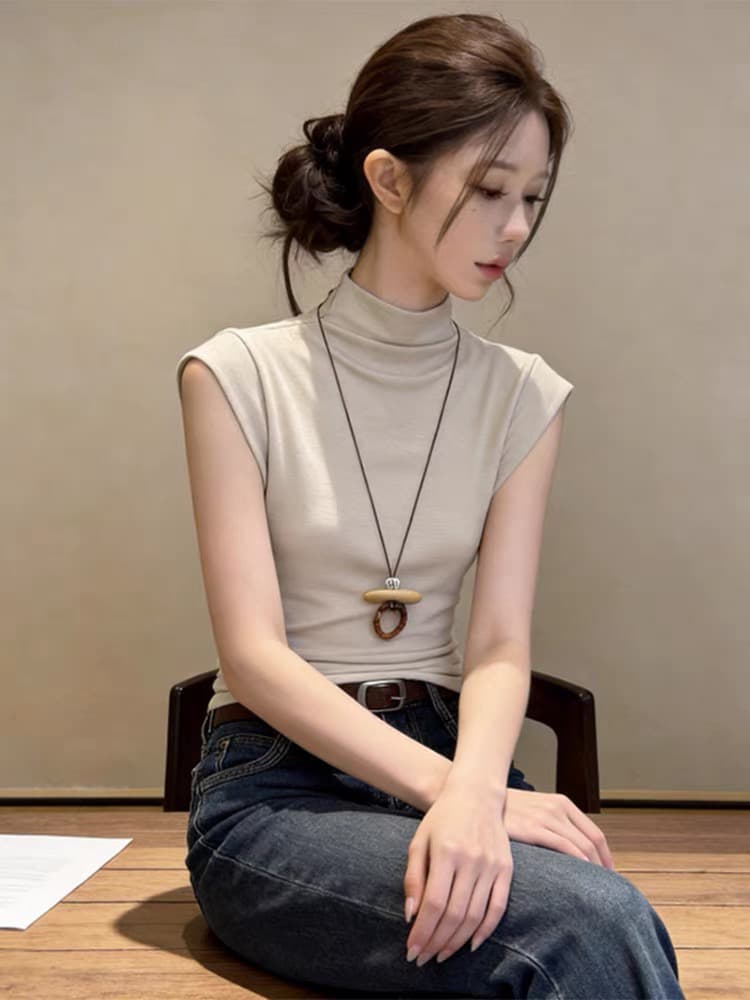 미니멀리즘 바람 반하이넥 작은 날다 소매 티셔츠 여성 가을 새로운 몸매 가꾸기 허리 수축 섹션 슬림해 보이는 기본 셔츠 출퇴근 맨위 상세 이미지 1