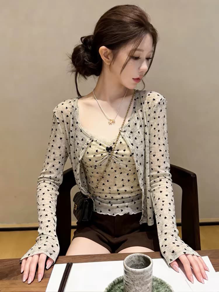 한 부서 도트 무늬 긴팔 오픈 가디건 슬립 여성 코트 가을 새로운 세련된 몸매 가꾸기 몸매 가꾸기 투피스 세트 아름다운 맨위 상세 이미지 6