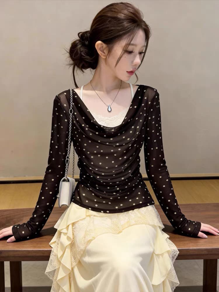 프랑스식 달콤한 스타일 페이크 레이어드 레이스 조각 긴팔 티셔츠 여성 가을 새로운 몸매 가꾸기 슬림해 보이는 패션 작은 맨위 이미지 4