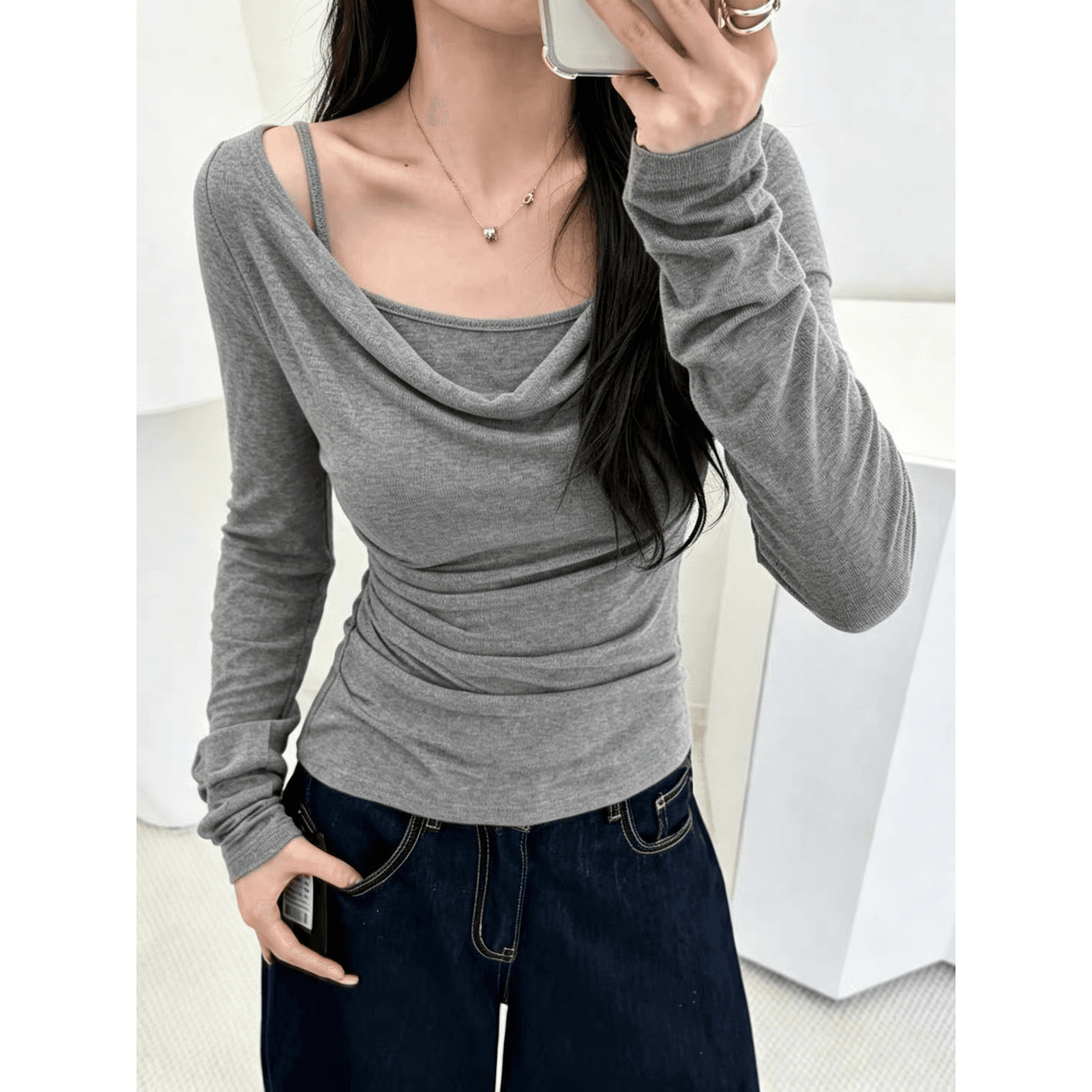 가을 새로운 순수한 욕망 바람 흔들다 칼라 꼬집기 허리 긴팔 티셔츠 여성 회색 페이크 레이어드 디자인 센스 몸매 가꾸기 슬림해 보이는 맨위 이미지 5