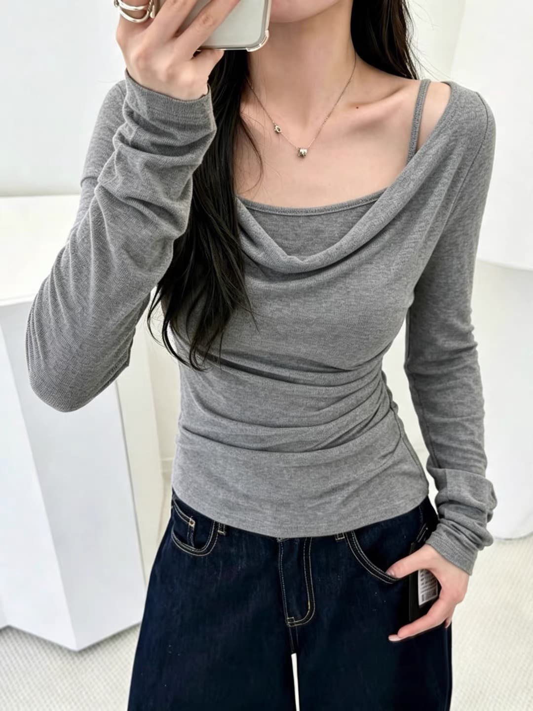 가을 새로운 순수한 욕망 바람 흔들다 칼라 꼬집기 허리 긴팔 티셔츠 여성 회색 페이크 레이어드 디자인 센스 몸매 가꾸기 슬림해 보이는 맨위 상세 이미지 2