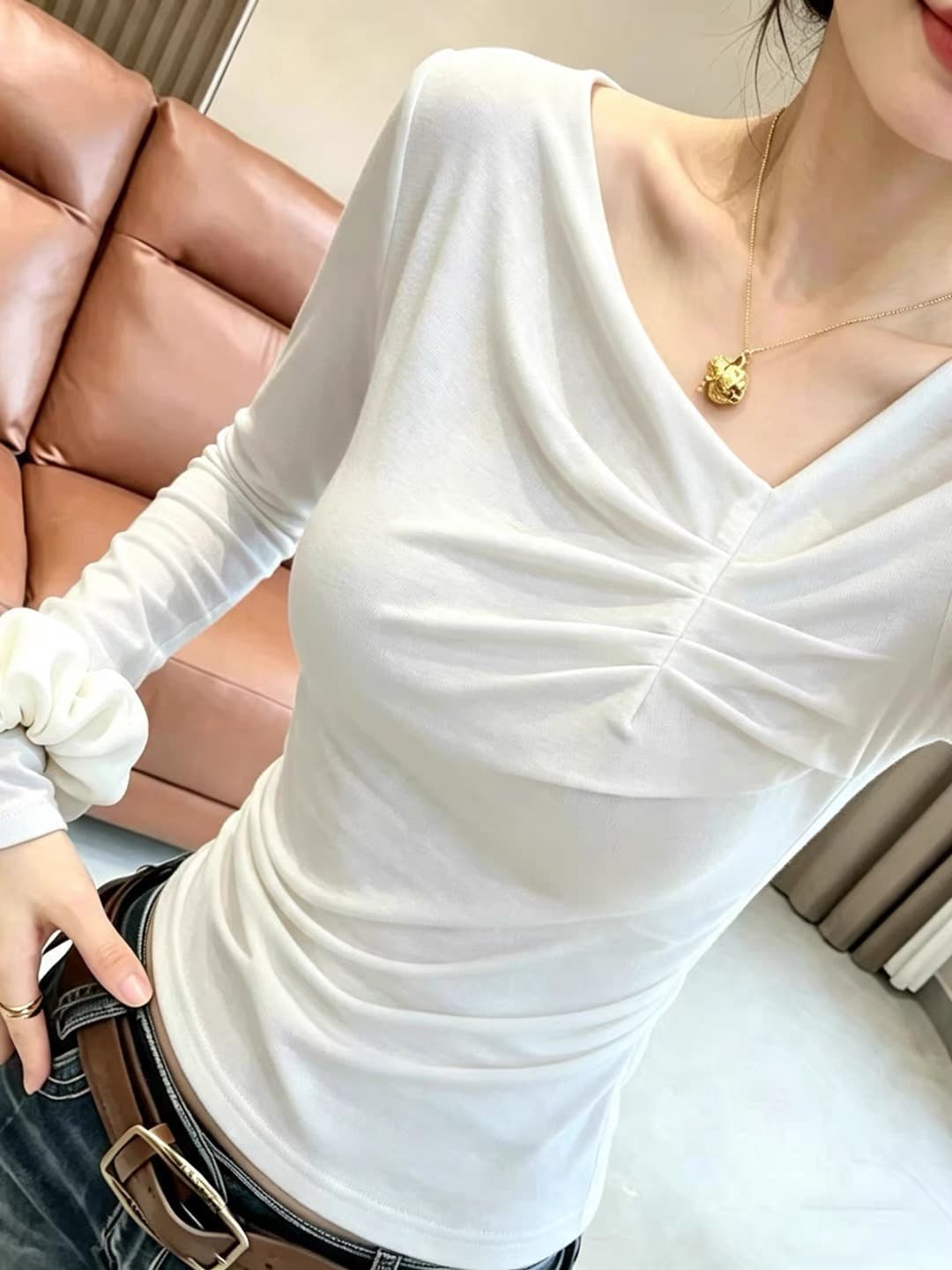 디자인 센스 주름 비스듬한 칼라 긍정적 인 어깨 긴팔 티셔츠 여성 가을 새로운 아름다운 슬림해 보이는 인사이드 가져 가라. 만나는 검정색 맨위 이미지 2