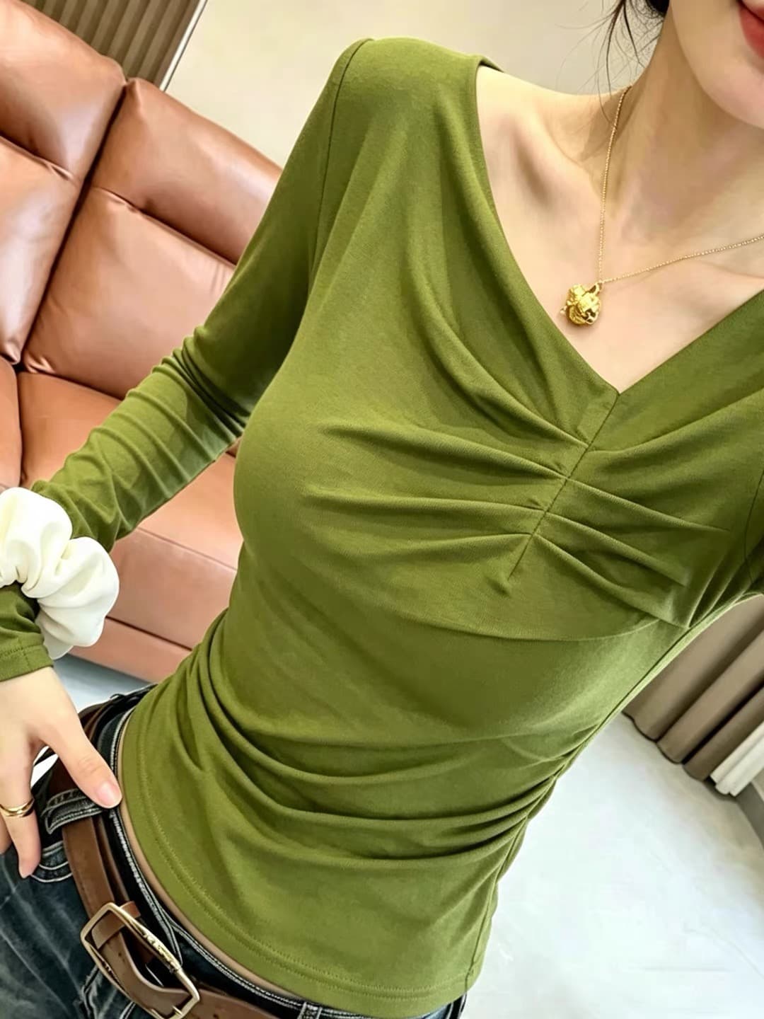 디자인 센스 주름 비스듬한 칼라 긍정적 인 어깨 긴팔 티셔츠 여성 가을 새로운 아름다운 슬림해 보이는 인사이드 가져 가라. 만나는 검정색 맨위 상세 이미지 2